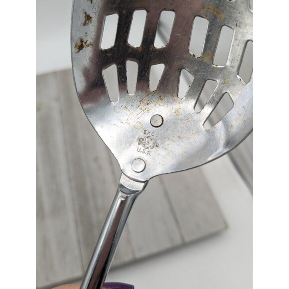 Vintage EKCO A&J Slotted Serving spoon Wood Handle 12" - Picture 8 of 9